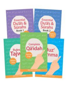 Madinah Script Bundle includes Complete Quadah, Juz Amma, Rules of Tajwid, Essential Duas and Surah Book 1 and 2